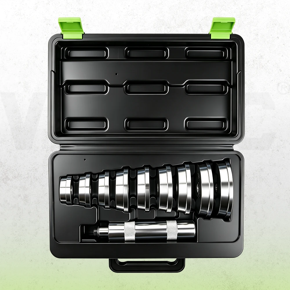 VIKTEC 10-piece bearing race and seal driver kit featuring assorted metal driver discs and an installation handle in a molded storage case.