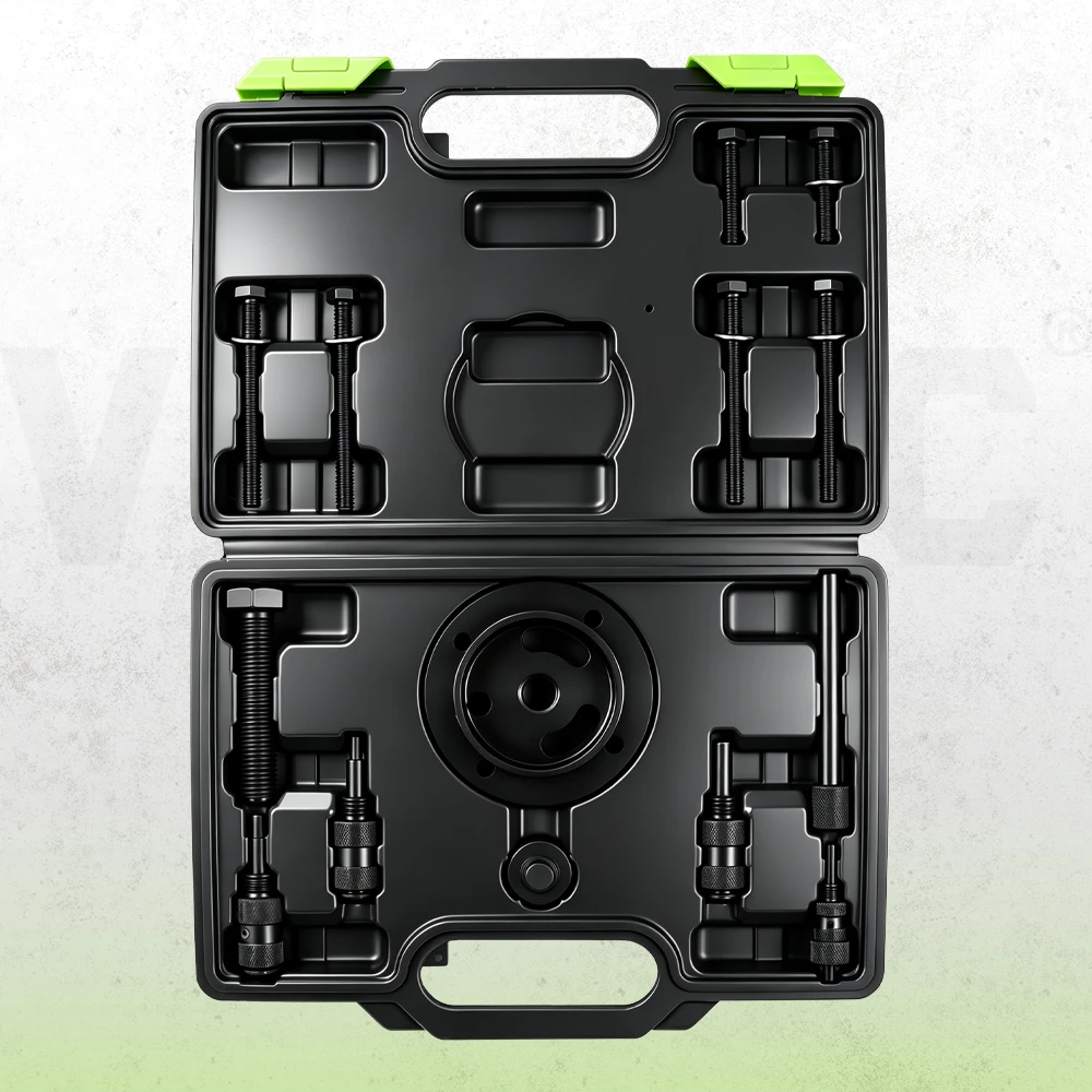 VIKTEC 12-piece timing tool kit for Land Rover diesel engines featuring camshaft and crankshaft locking tools, alignment pins and bolts in a molded storage case