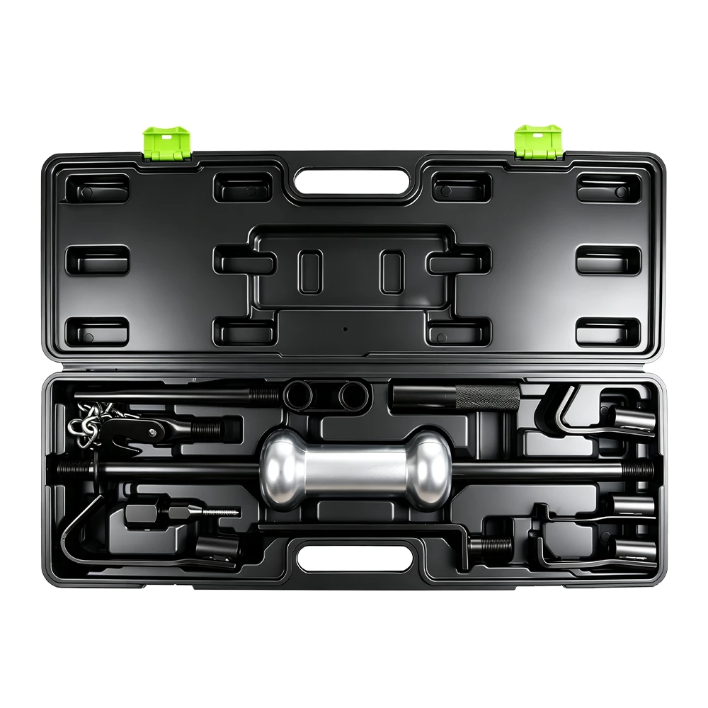 Open carrying case displaying a 13-piece 10 lb dent puller slide hammer set with hooks, chain and pulling attachments for automotive body repair