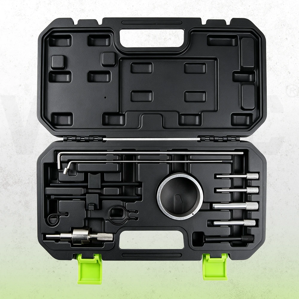 Open black case containing VT01272 timing pins / tensioner tools / flywheel locking tool and crankshaft adjustment tool