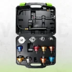 Kit de prueba de presión de radiador de 14 piezas VIKTEC que incluye una bomba manual, manómetro, manguera flexible y adaptadores de tapón de radiador codificados por colores en un estuche de almacenamiento moldeado.