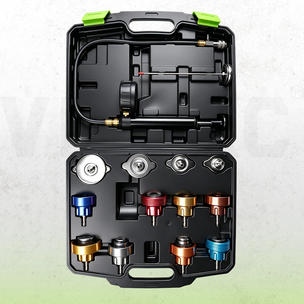 Kit de prueba de presión de radiador de 14 piezas VIKTEC que incluye una bomba manual, manómetro, manguera flexible y adaptadores de tapón de radiador codificados por colores en un estuche de almacenamiento moldeado.