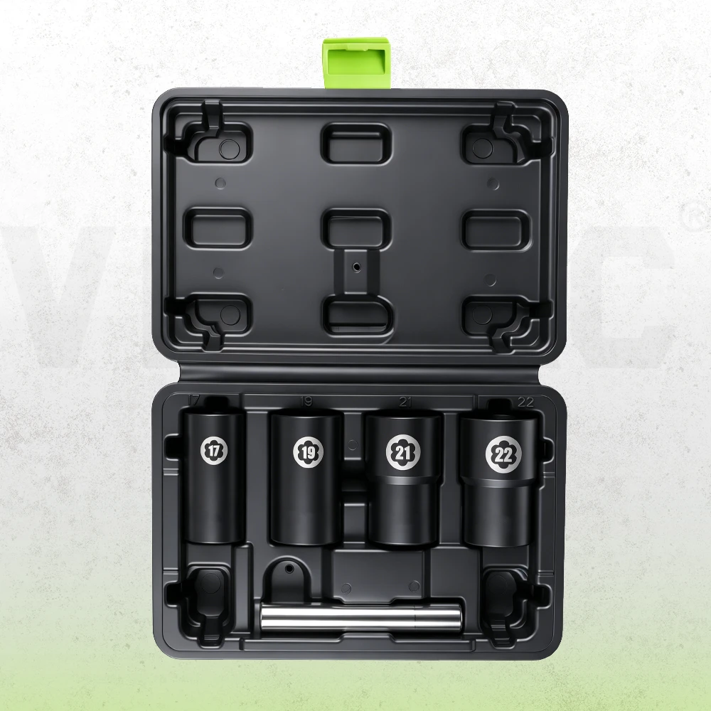Conjunto de soquetes de roda de impacto profundo VIKTEC com soquetes de 17mm, 19mm, 21mm e 22mm em uma caixa de armazenamento