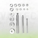 Components of a 17-piece bushing and bearing driver set, including assorted driver discs and three knurled installation handles.