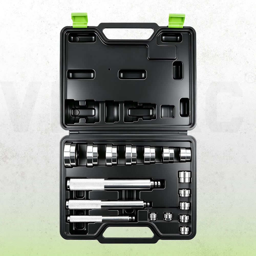 VIKTEC 17-piece bushing and bearing driver kit featuring assorted metal adapters and three driver handles in a molded storage case.