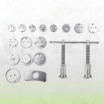 Components of an 18-piece brake piston wind back tool kit, including assorted adapter plates, left- and right-hand rewind tools and a reaction plate