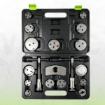 VIKTEC 18-piece brake caliper piston wind back kit featuring multiple adapter discs, two threaded rewind tools and a reaction plate in a molded storage case.