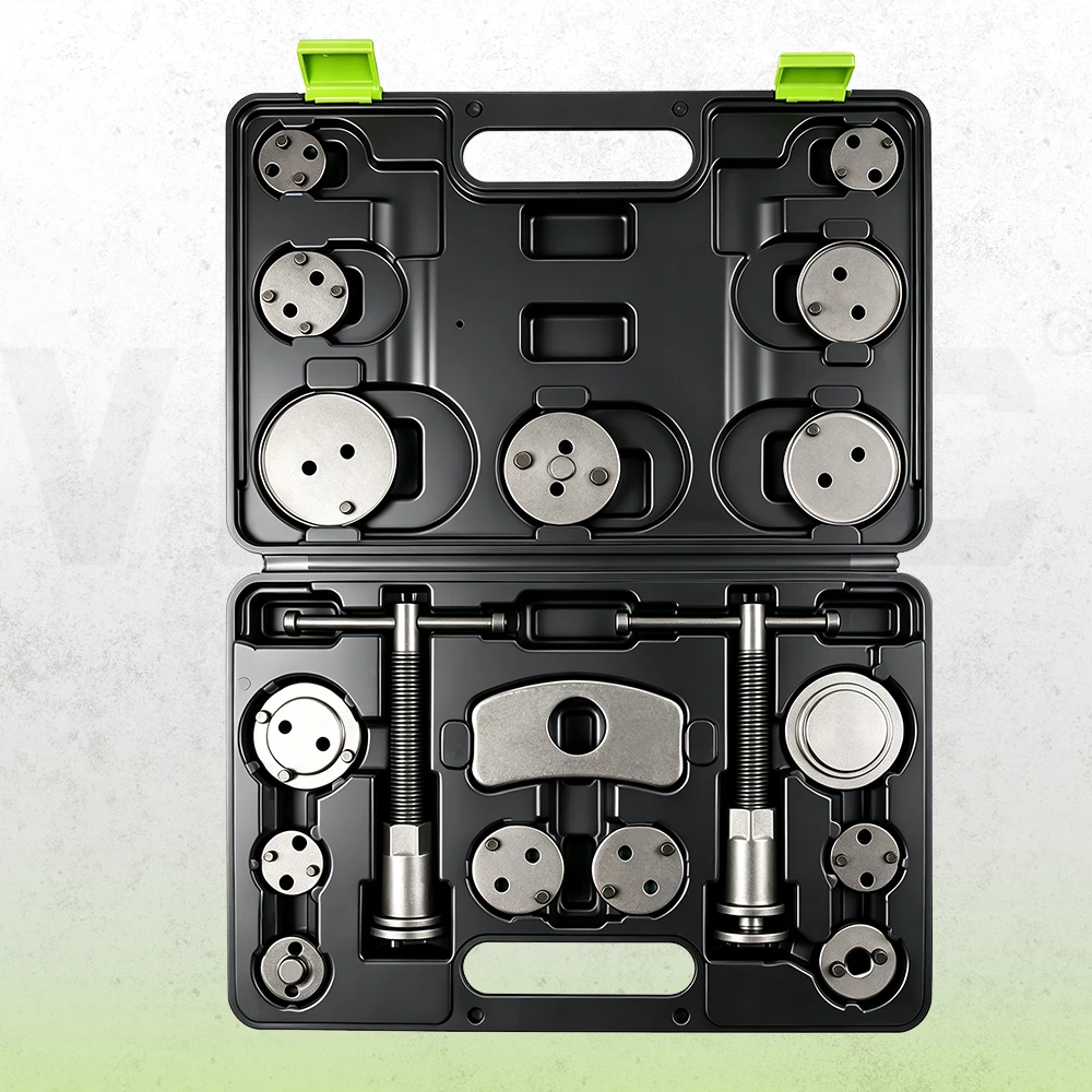 VIKTEC 18-piece brake caliper piston wind back kit featuring multiple adapter discs, two threaded rewind tools and a reaction plate in a molded storage case.