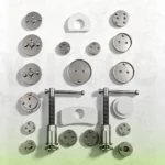 Components of a 21-piece brake piston wind back tool kit, including assorted brake caliper adapters, two threaded rewind tools and reaction plates