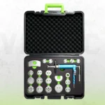 VIKTEC 21-piece air-operated brake caliper piston wind back kit featuring a pneumatic rewind tool, multiple caliper adapters and reaction plate in a protective storage case