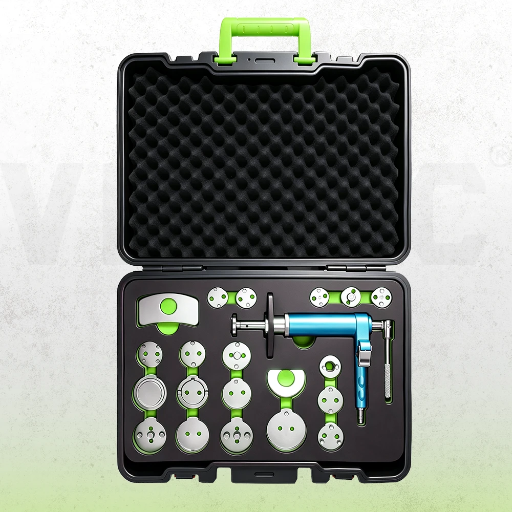 VIKTEC 21-piece air-operated brake caliper piston wind back kit featuring a pneumatic rewind tool, multiple caliper adapters and reaction plate in a protective storage case