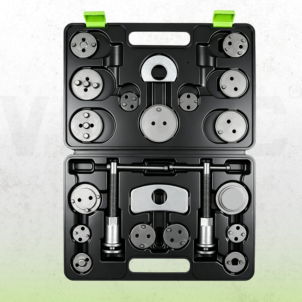 VIKTEC 21-piece brake caliper piston wind back kit featuring multiple adapter discs, left- and right-hand rewind tools and reaction plates in a molded storage case