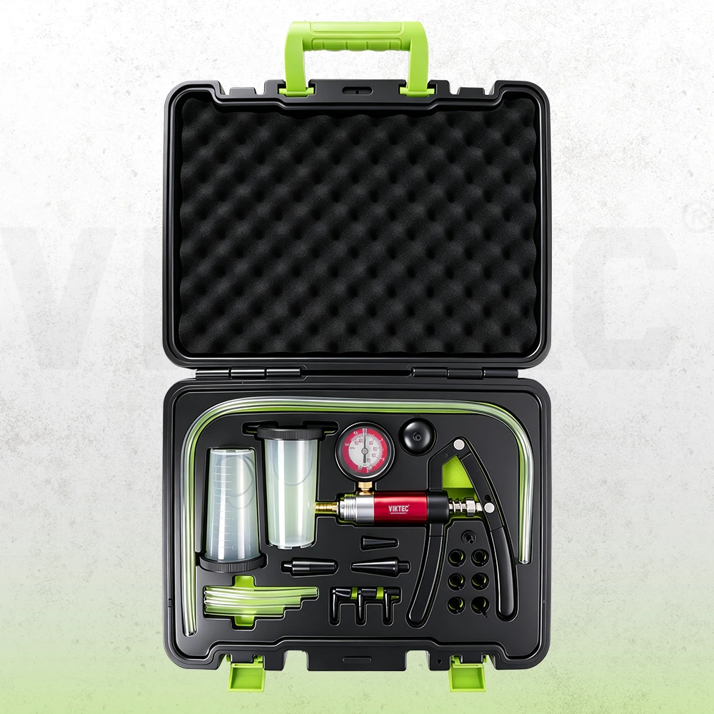 Kit de bomba de vacío de mano y sangrado de frenos VIKTEC de 21 piezas que incluye una pistola de vacío de nuevo estilo, manómetro, tazas de recolección, mangueras y conectores surtidos en un estuche de almacenamiento protector