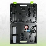 VIKTEC 21-piece hand vacuum pump and brake bleeding kit featuring a pistol-grip pump, vacuum gauge, collection cups, transparent hose and assorted connectors in a molded storage case