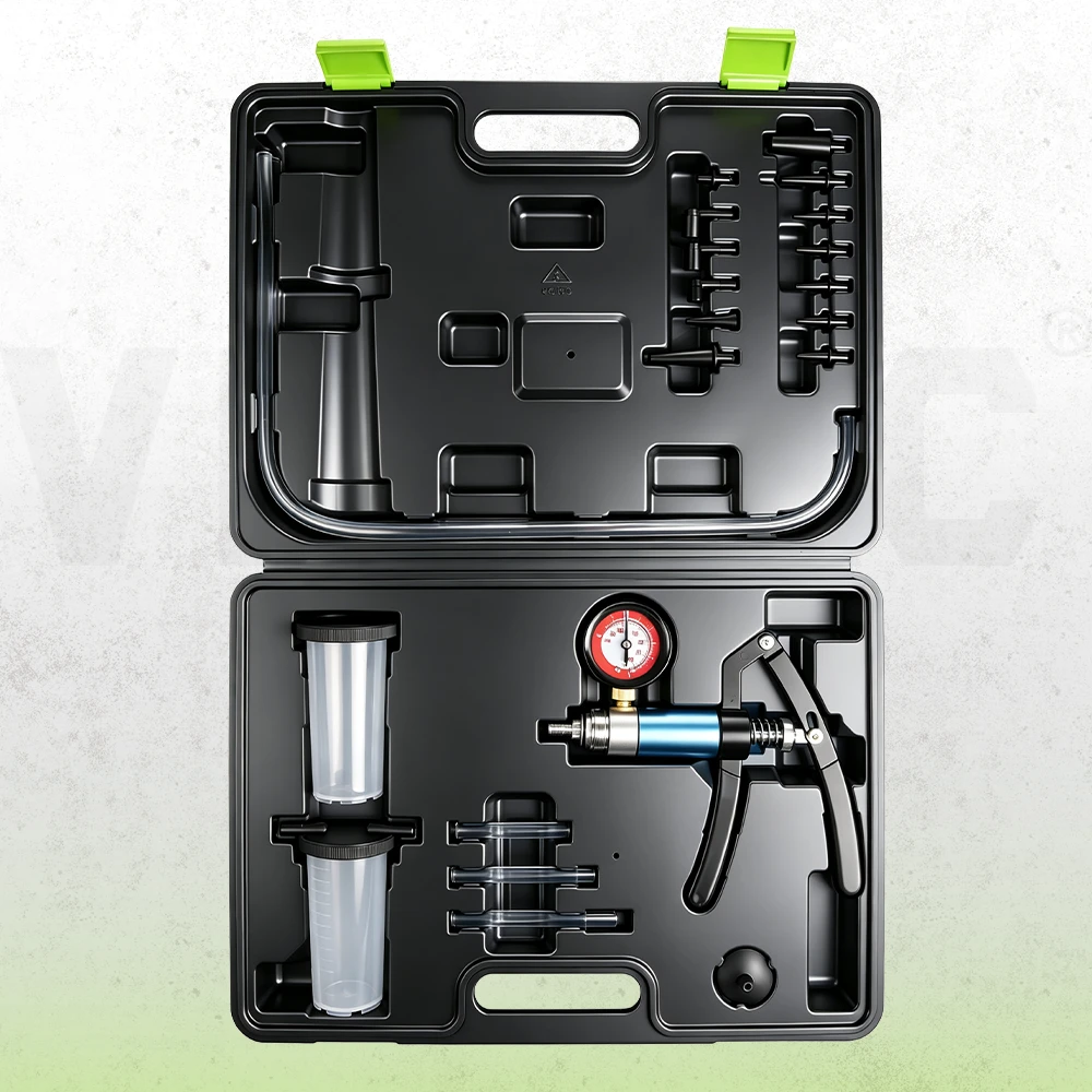 VIKTEC 21-piece hand vacuum pump and brake bleeding kit featuring a pistol-grip pump, vacuum gauge, collection cups, transparent hose and assorted connectors in a molded storage case