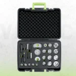 VIKTEC 22-piece brake caliper piston wind back tool kit with assorted adapter discs, rewind spindle, reaction plates and hand tools arranged in a foam-lined carrying case