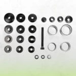 Components of a 25-piece wheel bearing removal and installation kit, including driver discs, support sleeves, pressure plates, threaded spindle, nut and washers.