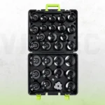 Kit de clés à filtre à huile de type tasse VIKTEC de 30 pièces comprenant plusieurs douilles de capuchon de filtre, un adaptateur de conduite et une clé universelle à trois mâchoires dans un étui de rangement moulé.
