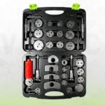 VIKTEC 35-piece brake caliper piston wind back kit featuring multiple adapter discs, two threaded rewind tools, reaction plates and brake servicing accessories organized in a molded storage case.