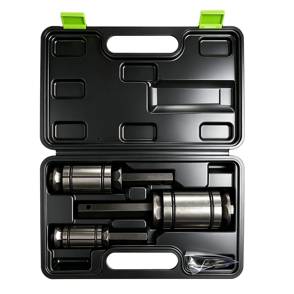 Jeu d'outils d'expansion de tuyau d'échappement de 3 pièces 5 Ensemble d'outils d'expansion de silencieux de tuyau arrière 3 pièces affiché dans un étui de transport noir ouvert, montrant trois outils d'expansion en métal et des accessoires sur fond blanc