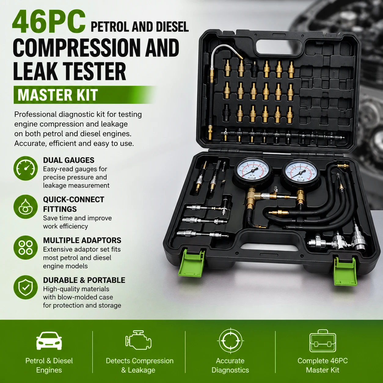 46PC Petrol and Diesel Engine Compression and Leak Tester Master Kit 3 46PC petrol and diesel compression and leak tester master kit 1