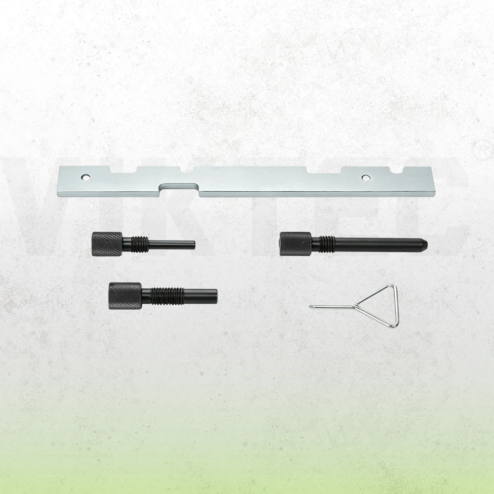 Five engine timing tools displayed separately including a silver camshaft locking plate / three black threaded pins and a retaining pin