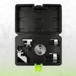 Open black case containing five elastic multi-ribbed belt installation and removal tools with a green case latch