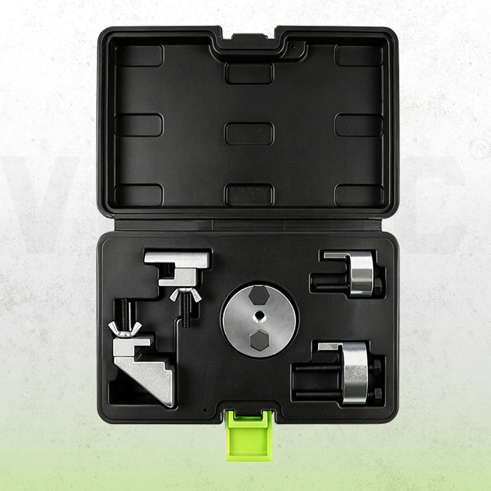 Open black case containing five elastic multi-ribbed belt installation and removal tools with a green case latch