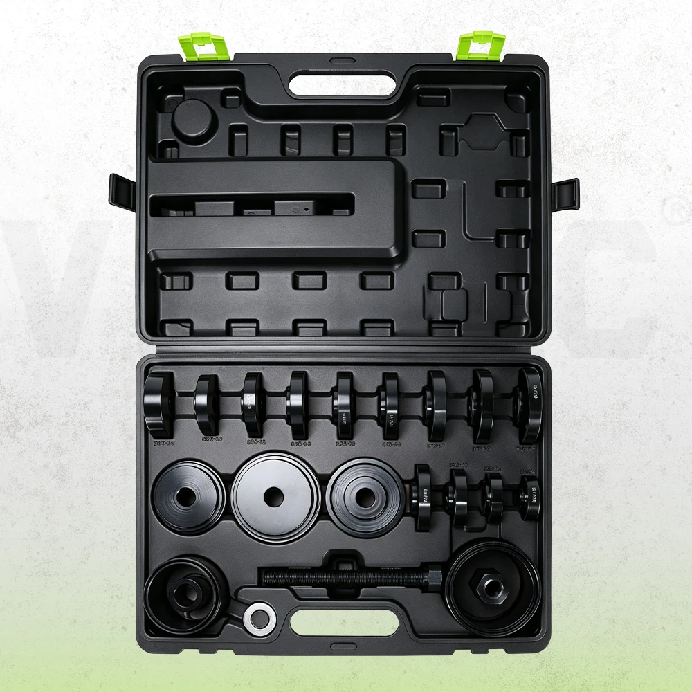 VIKTEC 25-piece wheel bearing removal and installation tool kit featuring assorted adapters, sleeves and press components in a molded storage case.
