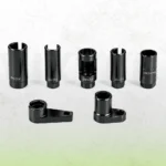 Components of a 7-piece oxygen sensor socket set, including slotted 22 mm and 29 mm sockets, a 27 mm sensor socket and offset removal tools.
