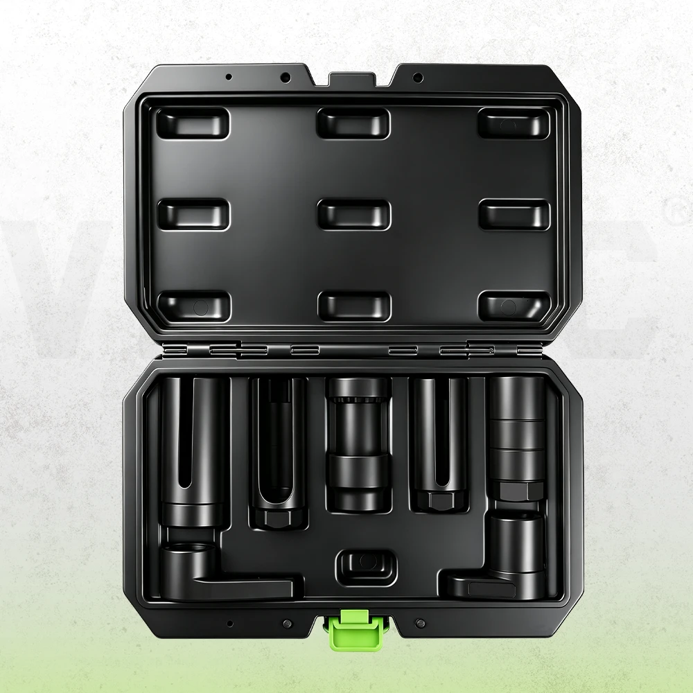 VIKTEC 7-piece oxygen sensor socket kit featuring slotted deep sockets and offset tools for oxygen sensor removal in a molded storage case.