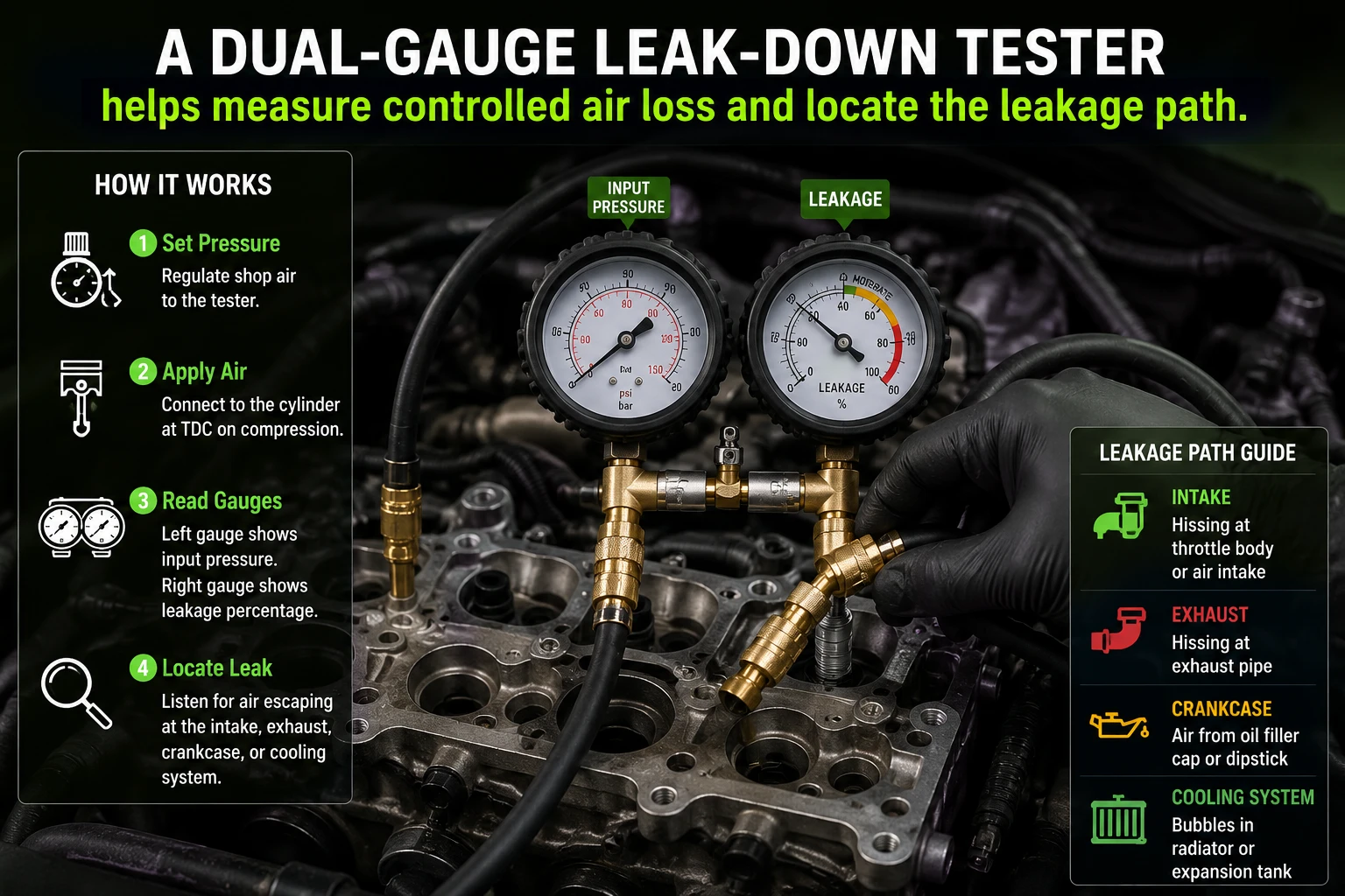 46PC Petrol and Diesel Engine Compression and Leak Tester Master Kit 4 A dual gauge leak down tester helps measure controlled air loss and locate the leakage path