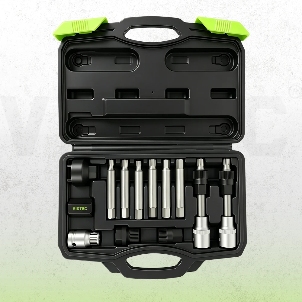 VIKTEC alternator pulley removal and installation tool kit with spline bits, Torx bits, sockets and adapters in a carrying case.