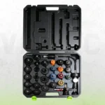 Probador de presión del sistema de refrigeración automotriz y kit de recarga al vacío suministrado con adaptadores de tapa de radiador codificados por colores y estuche de almacenamiento