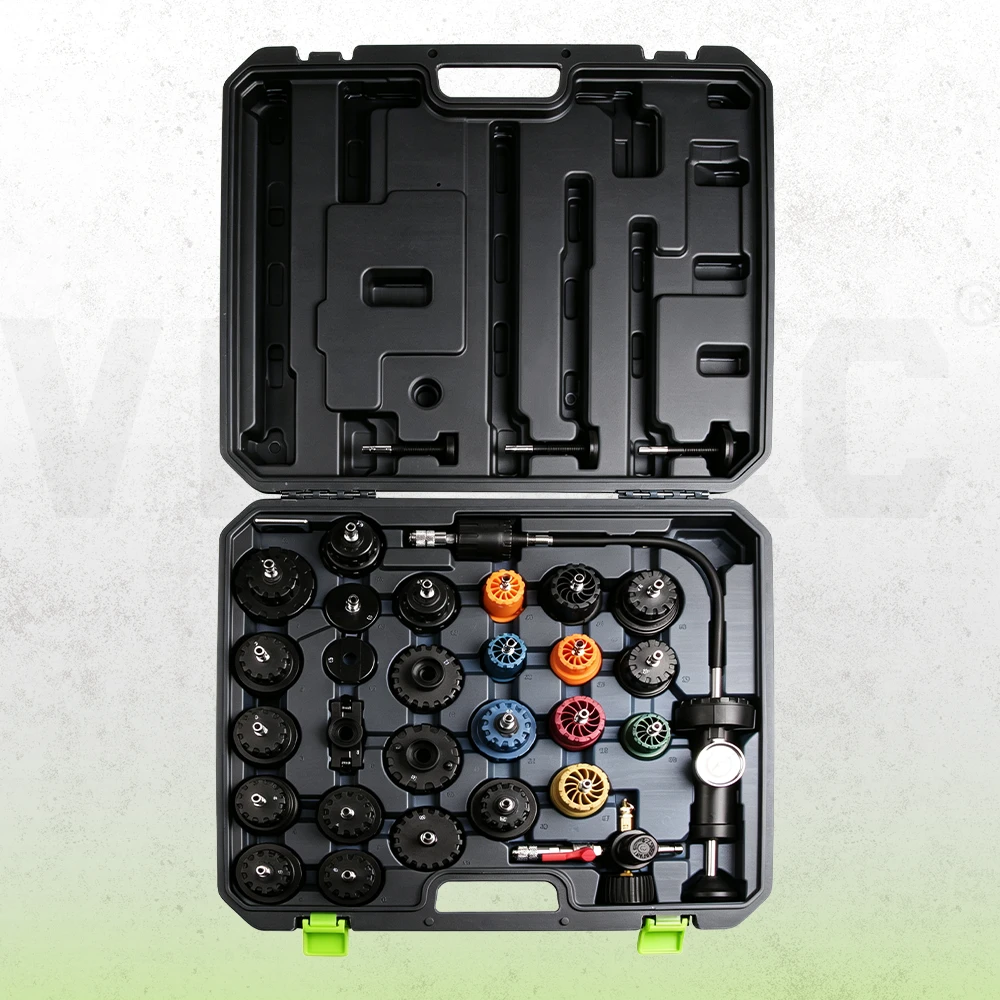 Probador de presión del sistema de refrigeración automotriz y kit de recarga al vacío suministrado con adaptadores de tapa de radiador codificados por colores y estuche de almacenamiento