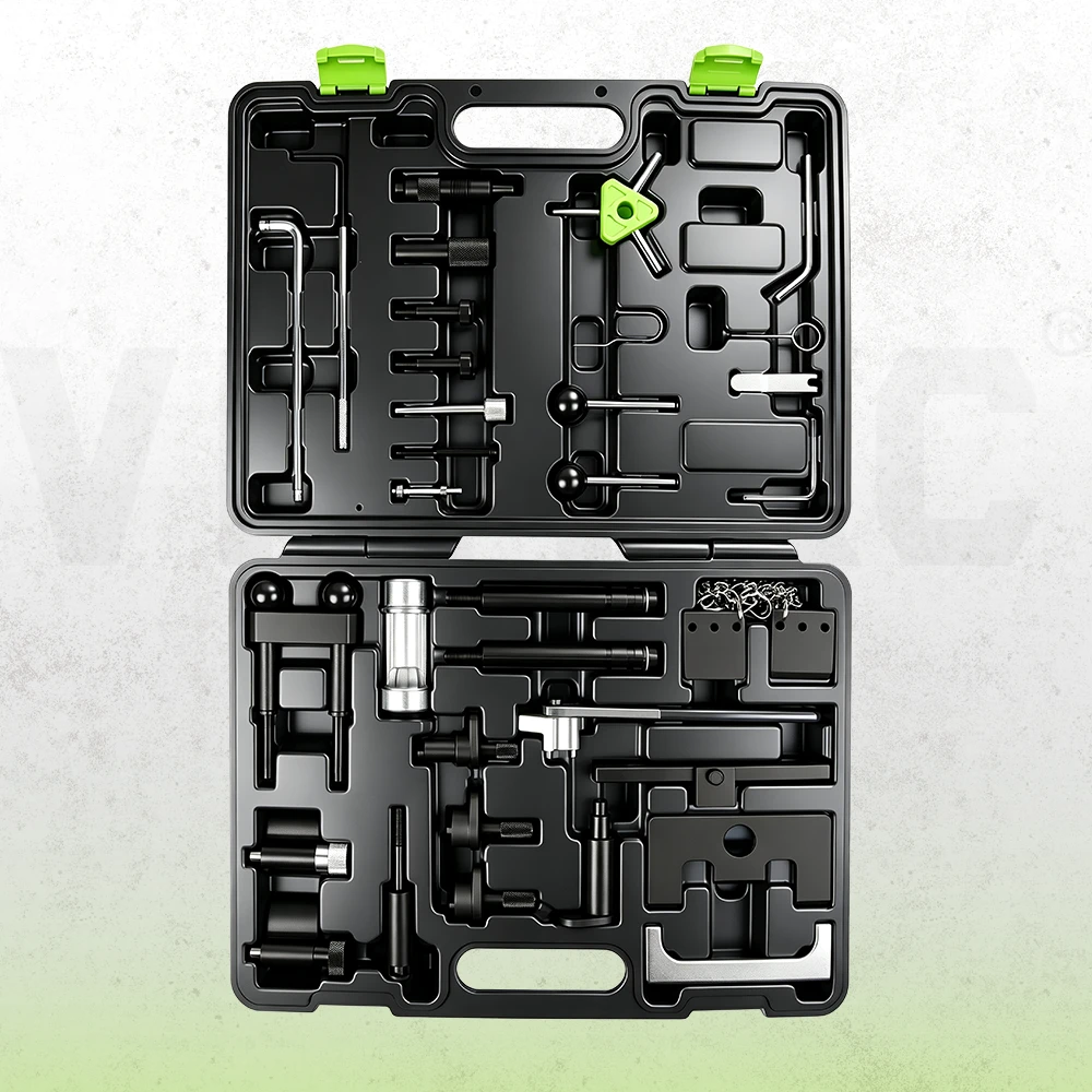 Automotive diesel engine timing locking tool set with alignment pins holding fixtures and adjustment tools in storage case