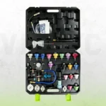 Automotive radiator pressure tester and coolant vacuum refill kit with multiple radiator cap adapters, testing hoses and pressure gauge