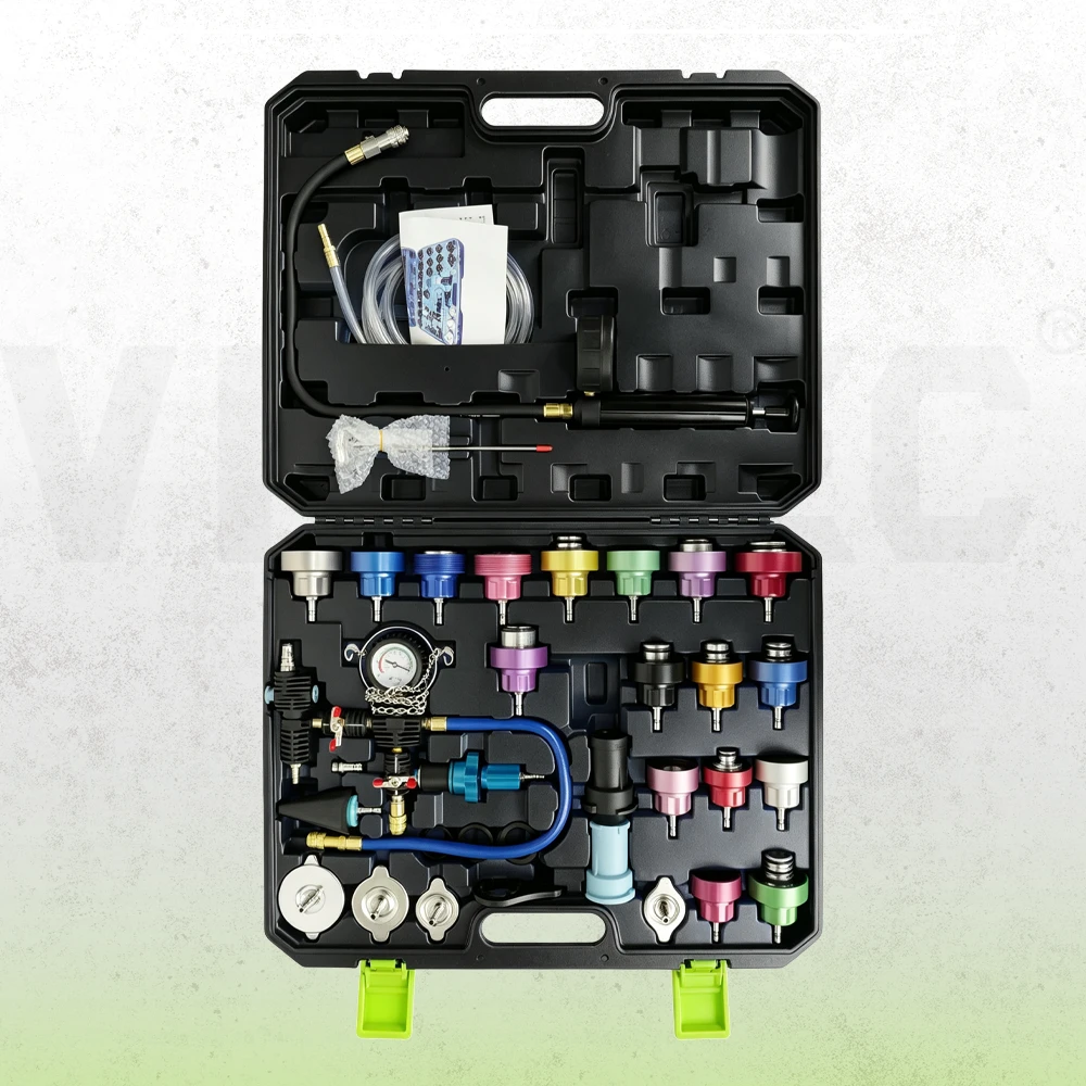 Automotive radiator pressure tester and coolant vacuum refill kit with multiple radiator cap adapters, testing hoses and pressure gauge
