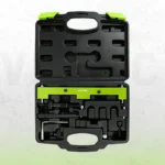 Open case showing the green twin VANOS alignment plate and black camshaft / crankshaft timing tools supplied with VT01523