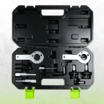 Engine camshaft and crankshaft timing locking tool set supplied with holding plates, positioning pins and service tools