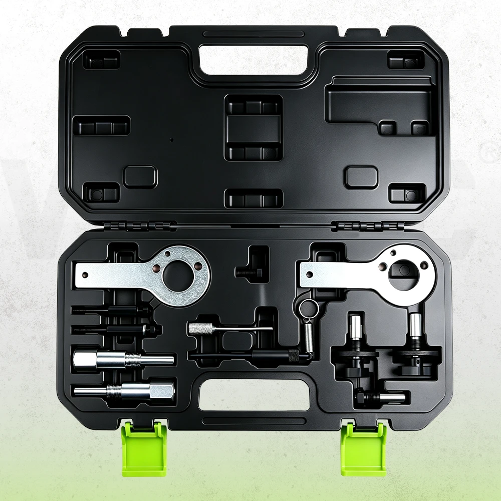 Engine camshaft and crankshaft timing locking tool set supplied with holding plates, positioning pins and service tools
