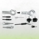 Engine timing tool kit components including camshaft holding plates, crankshaft locking pins, adjustment tools and positioning adapters