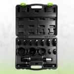 VIKTEC front wheel drive bearing service kit featuring press plates, receiver cups, adapters and threaded tools in a molded storage case.