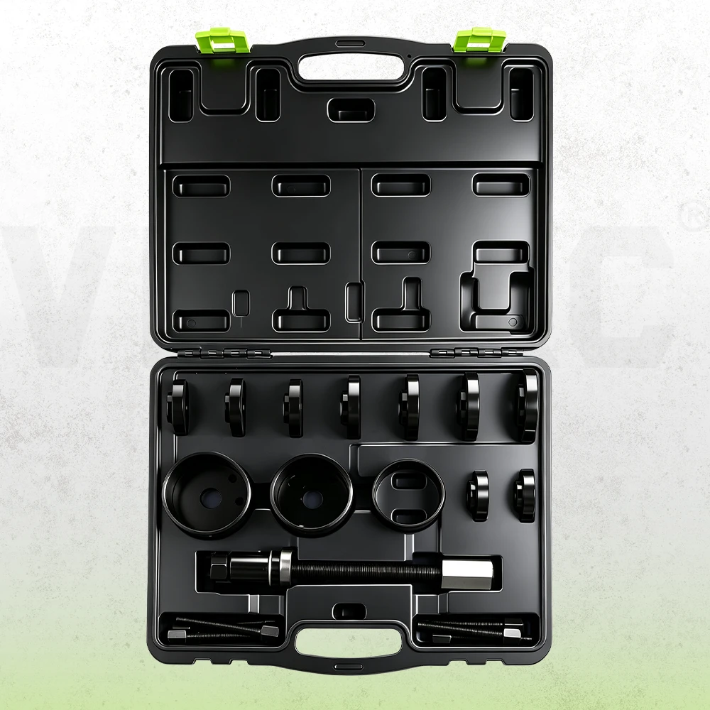 VIKTEC front wheel drive bearing service kit featuring press plates, receiver cups, adapters and threaded tools in a molded storage case.