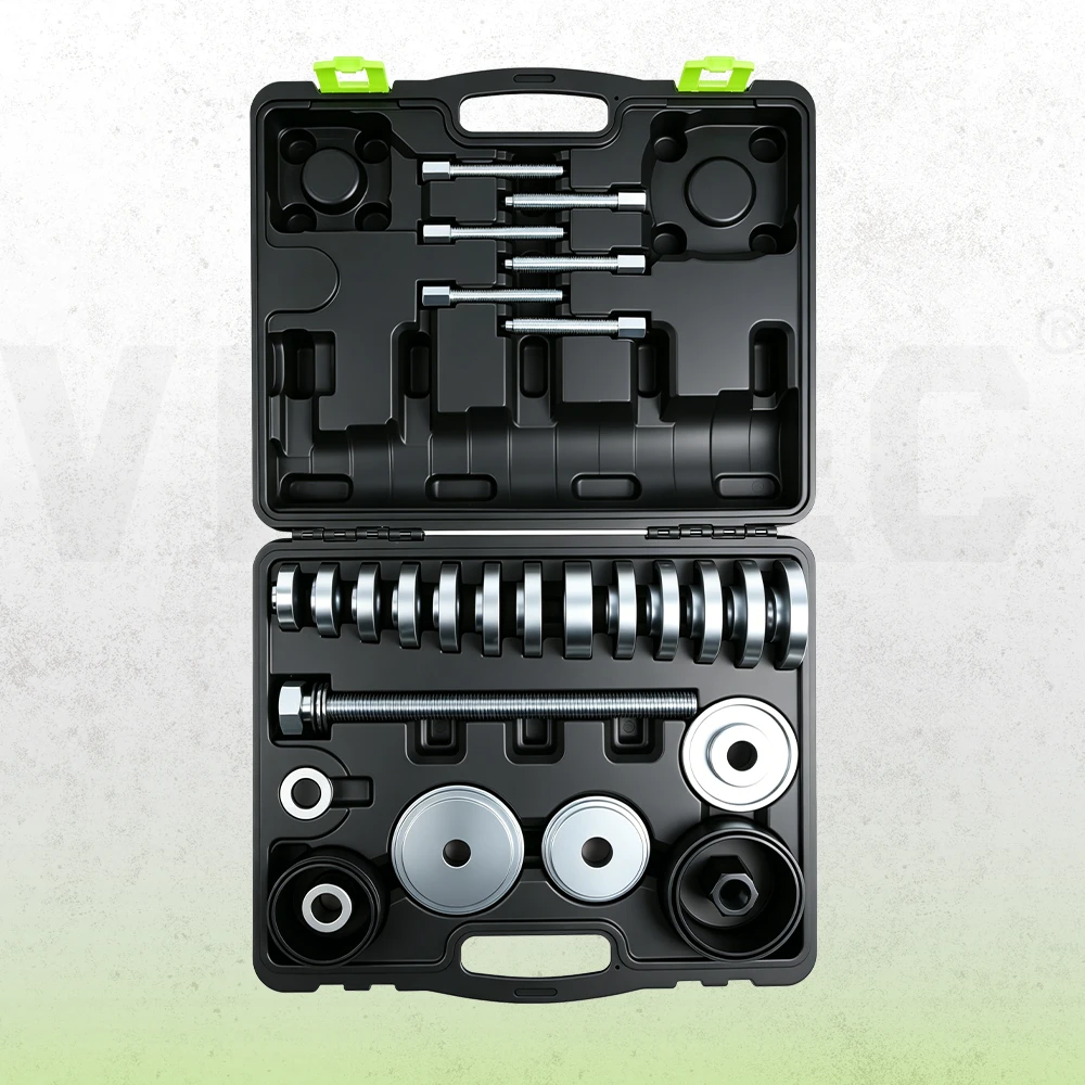 VIKTEC front wheel drive bearing removal and installation tool kit with press discs, receiver cups, threaded spindle and carrying case