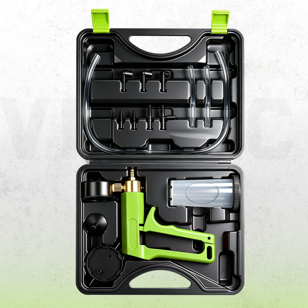 Hand vacuum pump tester and brake bleeder kit featuring pressure gauge, fluid container, transparent hoses and assorted connectors in a molded storage case.