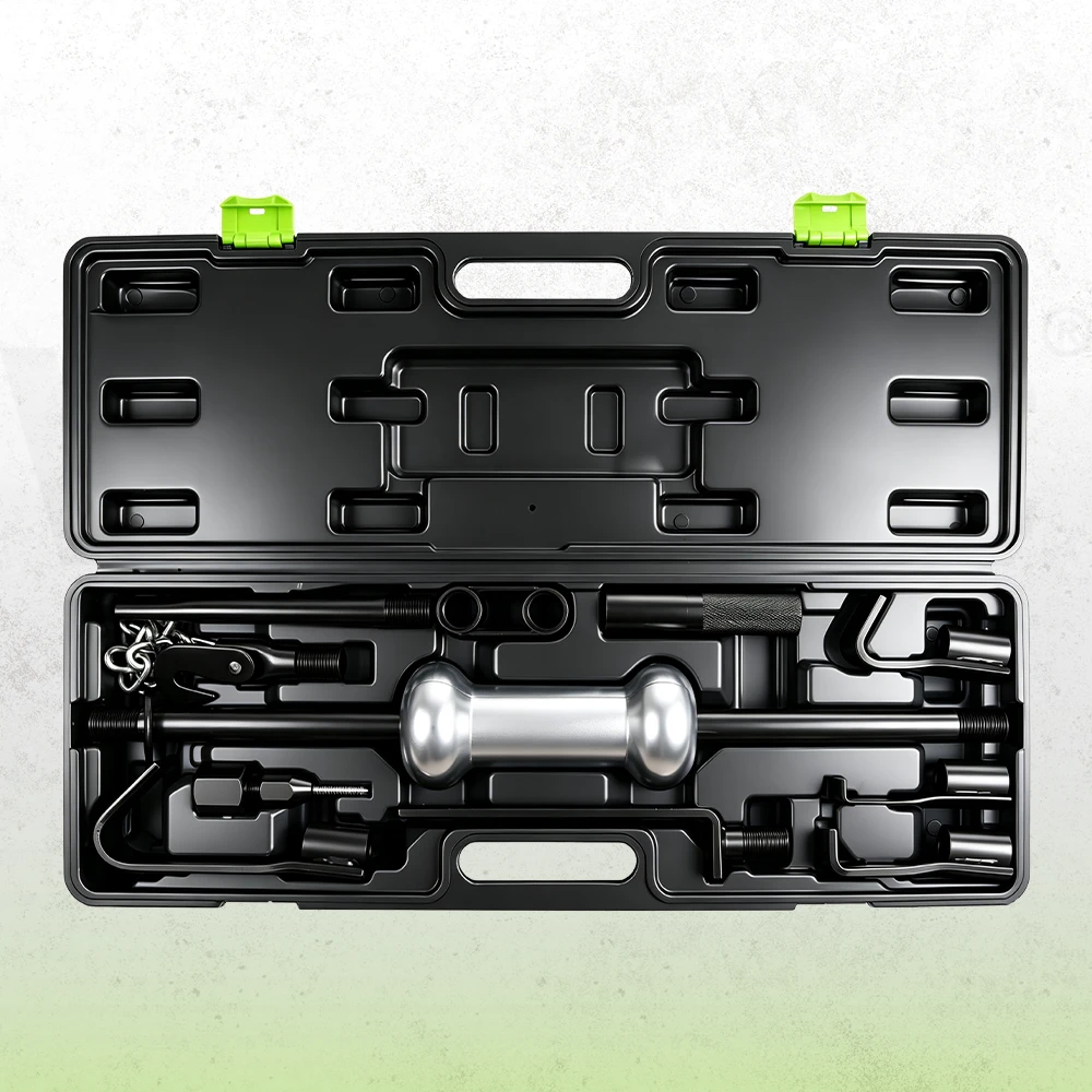 Heavy-duty 13-piece 10 lb slide hammer dent puller kit organized in a molded storage case for automotive body panel dent repair.