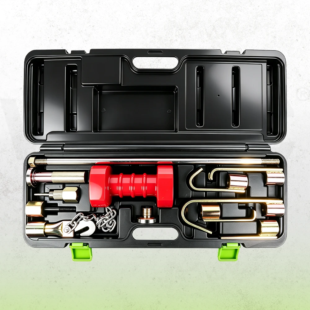 VIKTEC heavy duty slide hammer puller kit with red slide hammer, hooks, adapters and pulling accessories organized in a molded storage case.