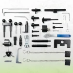 Universal engine timing tool kit components including camshaft locking pins crankshaft positioning tools tensioner tools and holding fixtures