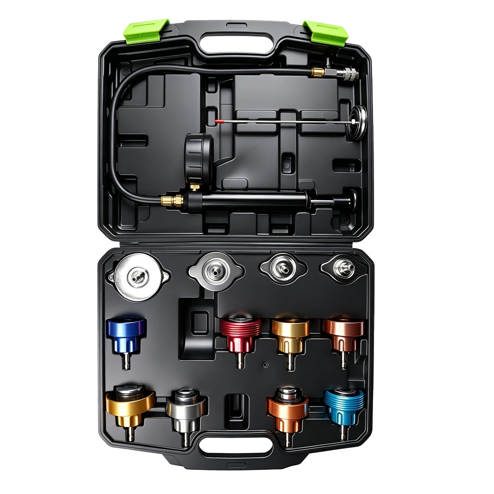 Kit de probador de presión de radiador de 14 piezas con adaptadores codificados por colores 6 Kit de prueba de presión de radiador de 14 piezas con bomba de presión manual, manómetro, manguera y múltiples adaptadores de sistema de refrigeración organizados en un estuche negro sobre un fondo blanco